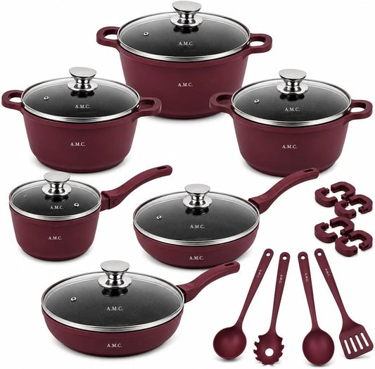 set di pentole e padelle, Batteria, 23 Pezzi, rosso, vetro, A.M.C.