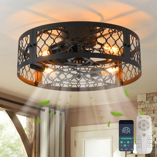 Ventilatore, 50cm, Ganeed E27, nero, ventola per circolazione dell'aria, ventilatore 50cm gabbia metallica APP telecomando nero 4 luci