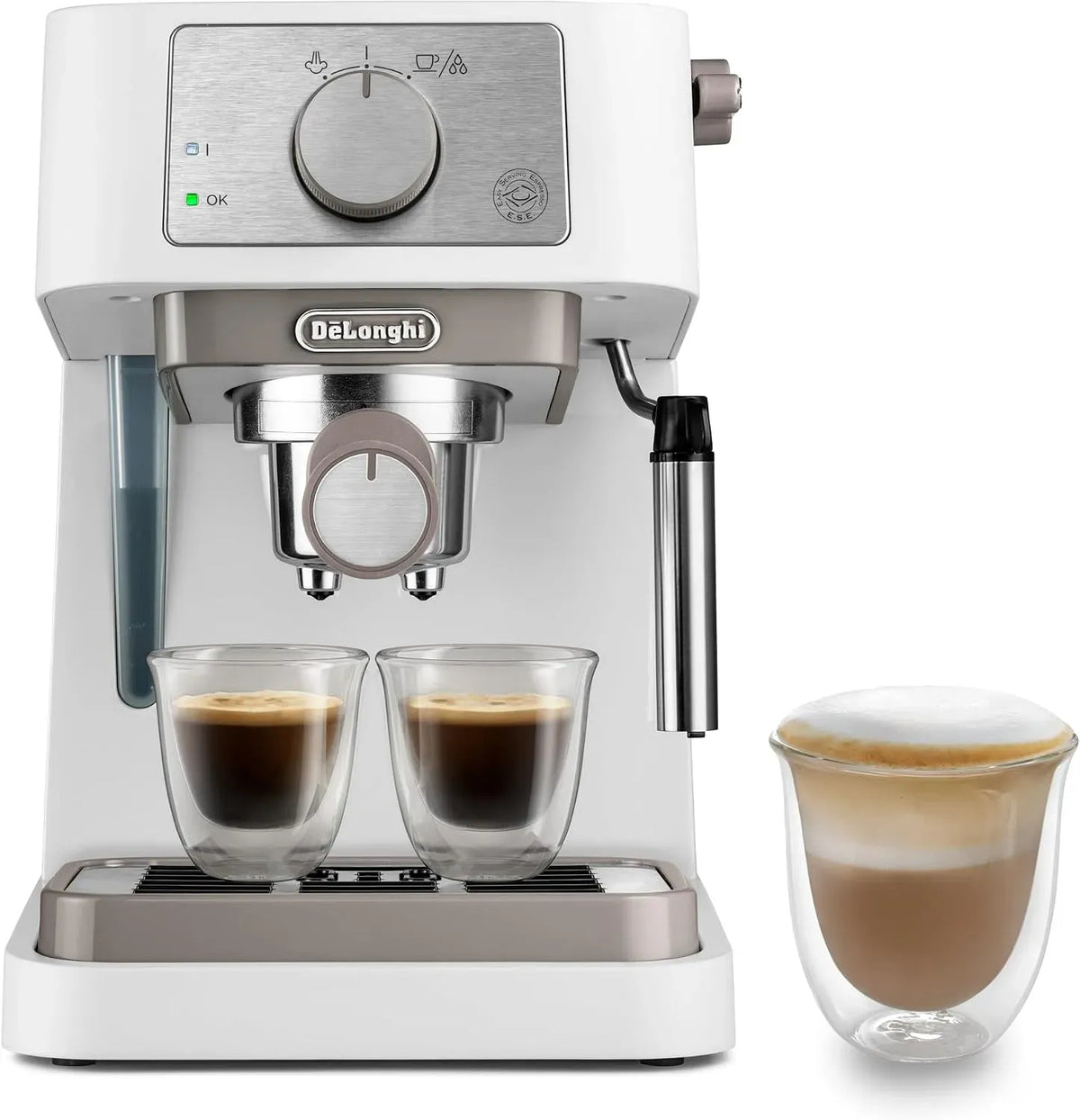 De'Longhi EC260.W Macchina da caffè, 1 L, bianco, pressione 15 bar, sistema cappuccino, 2 contenitori per piani, compatibile con cuscinetti ESE