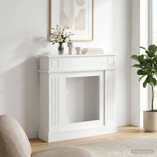 montaggio a parete, Cornice decorativa per camino in legno bianco lucido, 102 x 26 x 100 cm, decorazione per soggiorno e esposizione