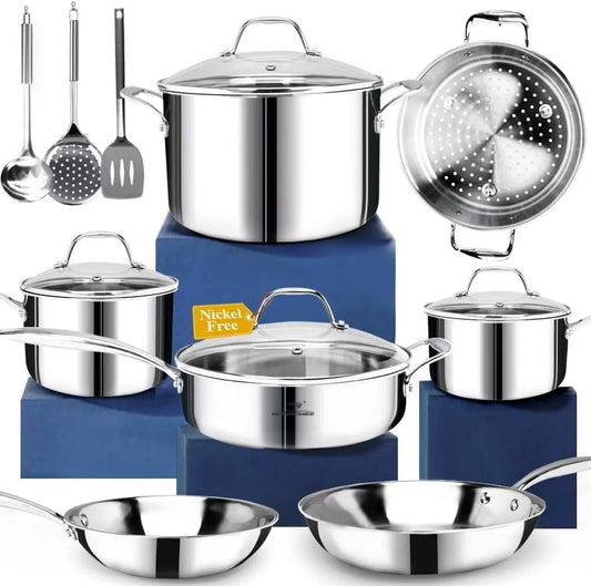 Set di pentole e padelle lucidate a specchio, Pentole salutari con vaporiera, 14 pezzi set di pentole in acciaio inox senza nichel, rivestito in 3