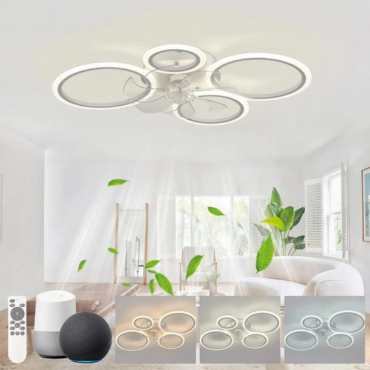 4-Ring Compatible, LED Lighted Design for Bedroom & Living Room, Smart 80 cm Ceiling Fan with, Silent Reversible, Timer Function