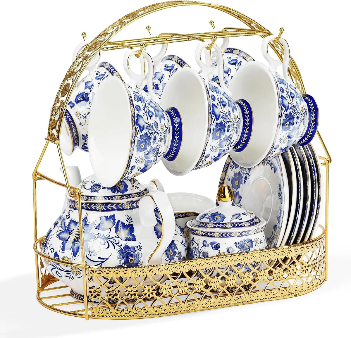 Supporto, per Adulti, fanquare Servizio da Tè in Porcellana Fleur Bleue con Supporto in Metallo