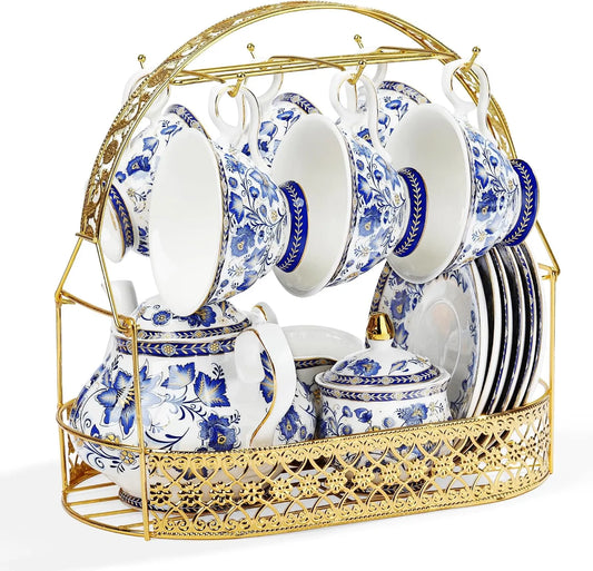 Supporto, per Adulti, fanquare Servizio da Tè in Porcellana Fleur Bleue con Supporto in Metallo