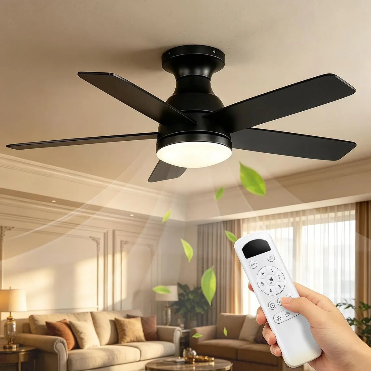 Ventilatore, 112 cm, OZENAOS, timer, decorazione del soggiorno, nero, Motore DC Silenzioso con Telecomando, 3 Luci Dimmabili, 6 Velocità