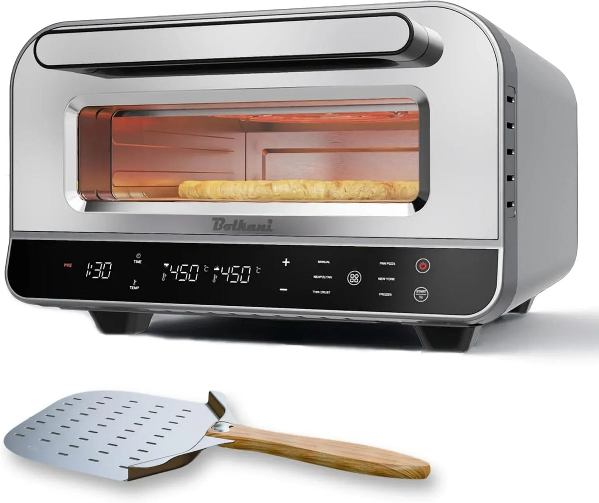 Forno elettrico per pizza, 1700 W, timer, pietra refrattaria, professionale, grigio, Pizza croccante in 2 minuti, 450°C con pietra e pala per pizza