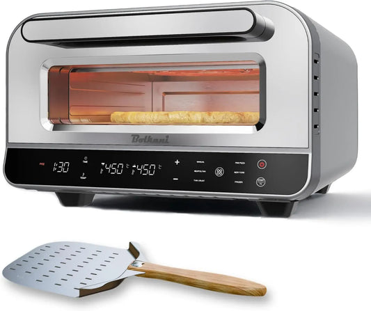 Forno elettrico per pizza, 1700 W, timer, pietra refrattaria, professionale, grigio, Pizza croccante in 2 minuti, 450°C con pietra e pala per pizza